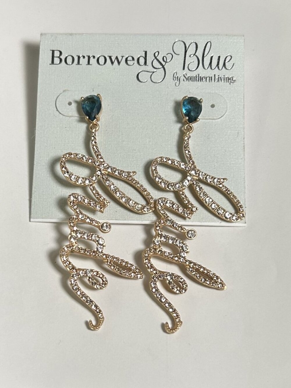 Borrowed & Blue by Southern Living Gold Rhinestone Bride Script Earrings NWT